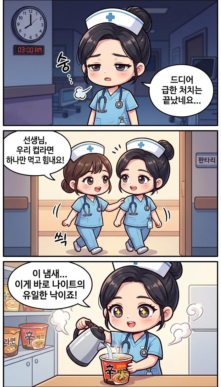 나이트 근무 중 먹는 컵라면이 제일 맛있네요