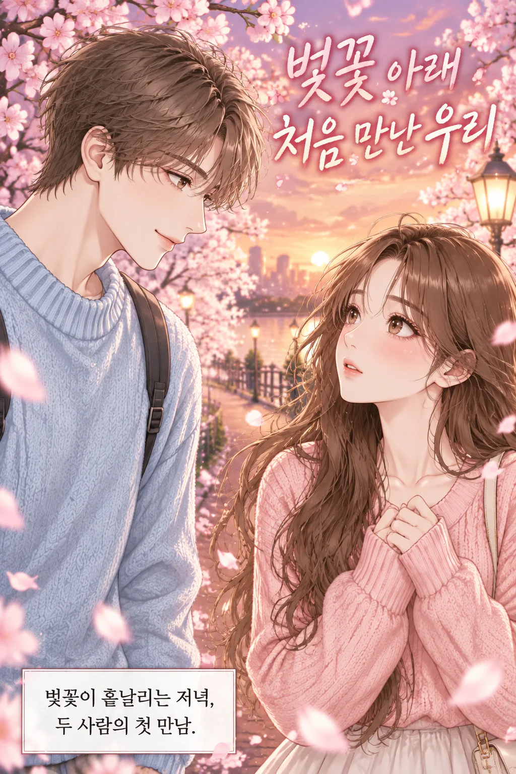 설레는 한국 로맨스 웹툰 1화를 만들어줘. 제목은 '벚꽃 아래 처음 만난