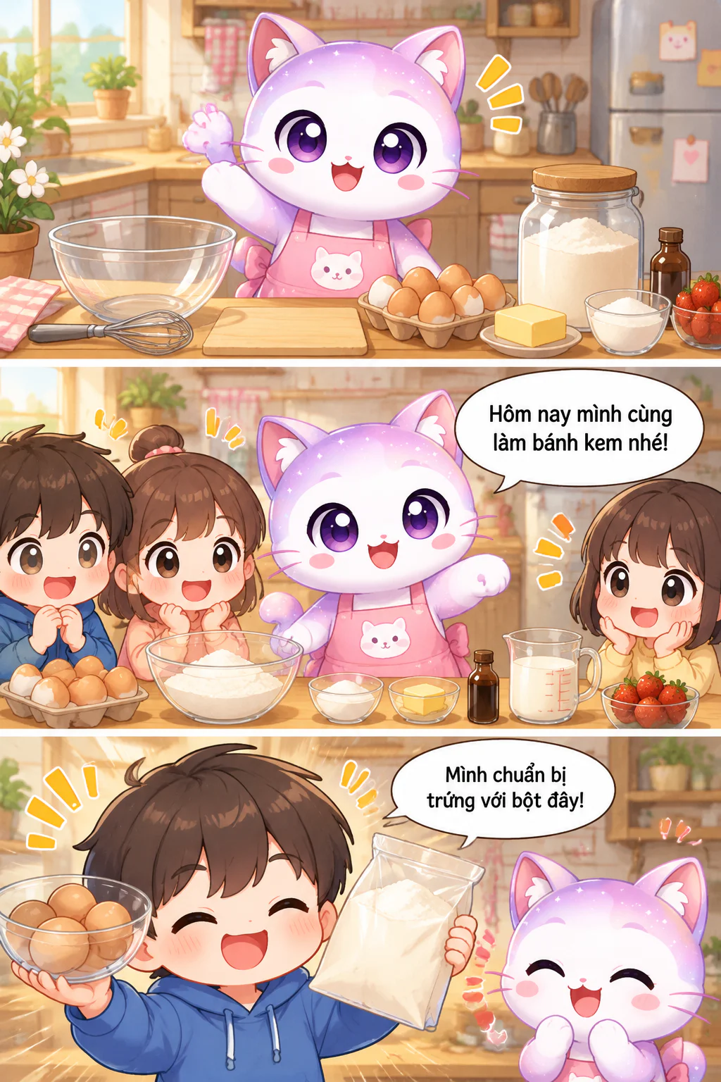 bé mèo đáng yêu làm bánh