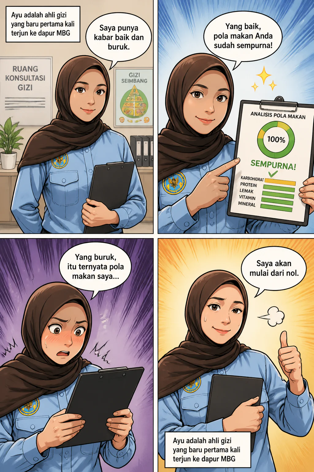 Gambarkan webtoon 4 panel dengan karakte