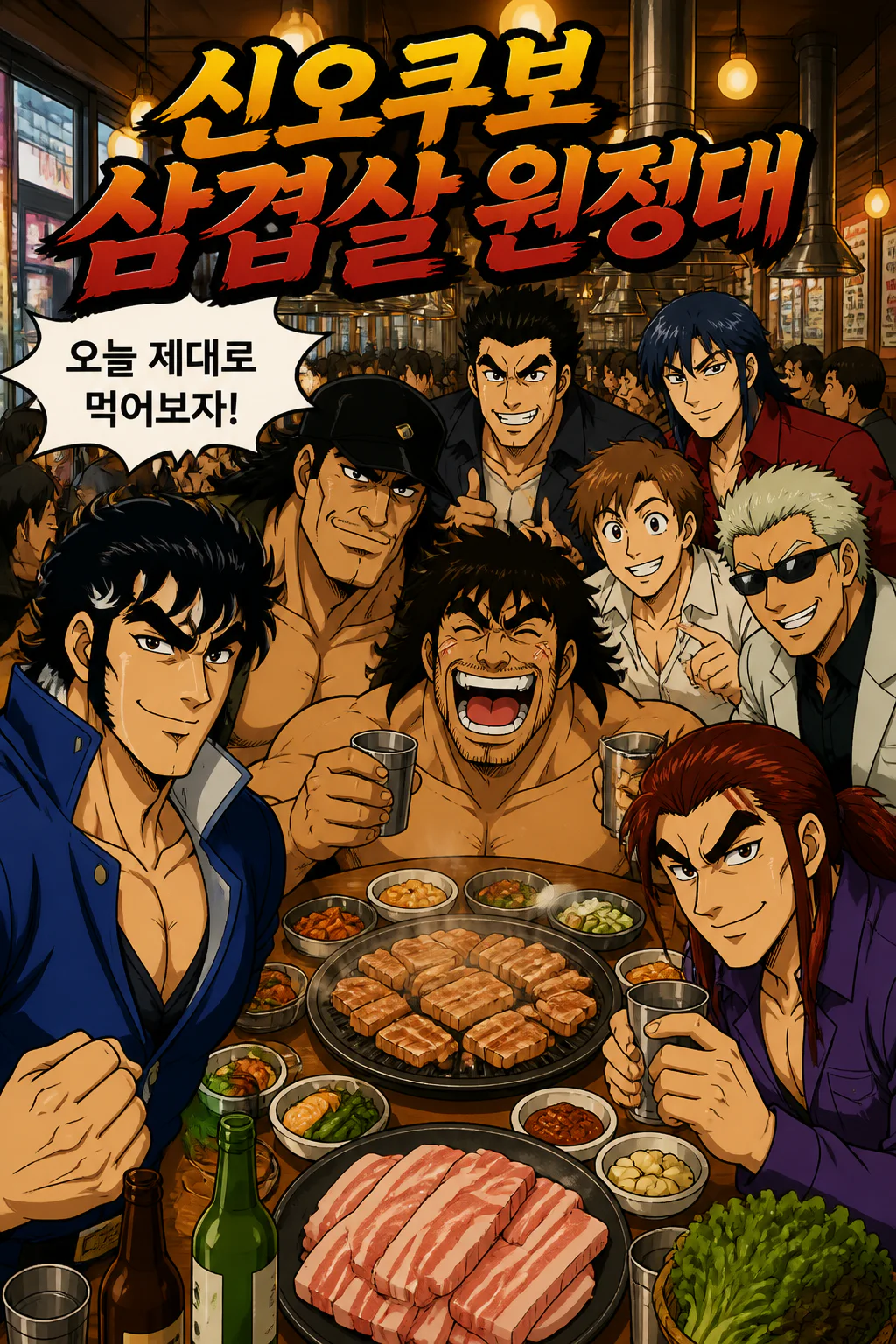 츠루기 모모타로,토가시 겐지토라마루,J,히데마로,츠바키야마,마츠오 그리고 타자와가 신오쿠보에 있는 대형 삼겹살 전문점에서 삼겹살을 먹고 음료수를 마시다