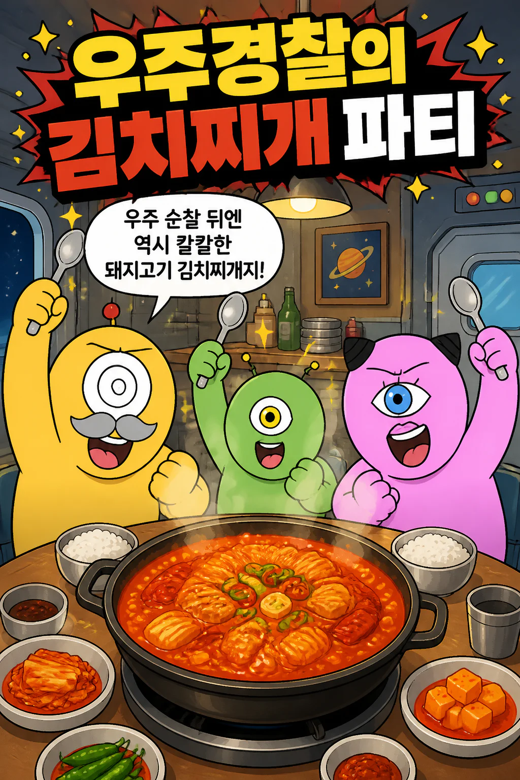 우주경찰들 돼지고기 김치찌개를 먹다