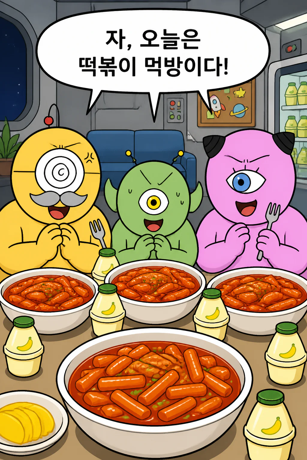 우주경찰들 먹방 떡볶이와 바나나맛 우유