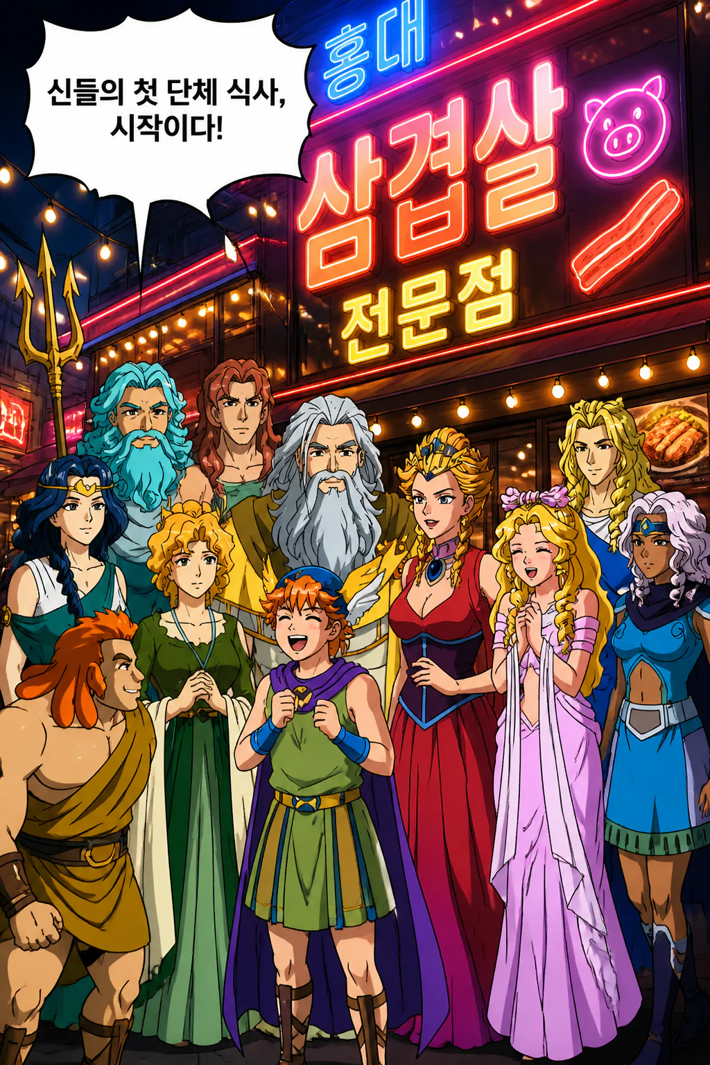 올림포스의 11신들 그들의 첫 단체 식사 장소로 홍대에 있는 대형 삼겹살 전문점에서 삼겹살을 먹다
