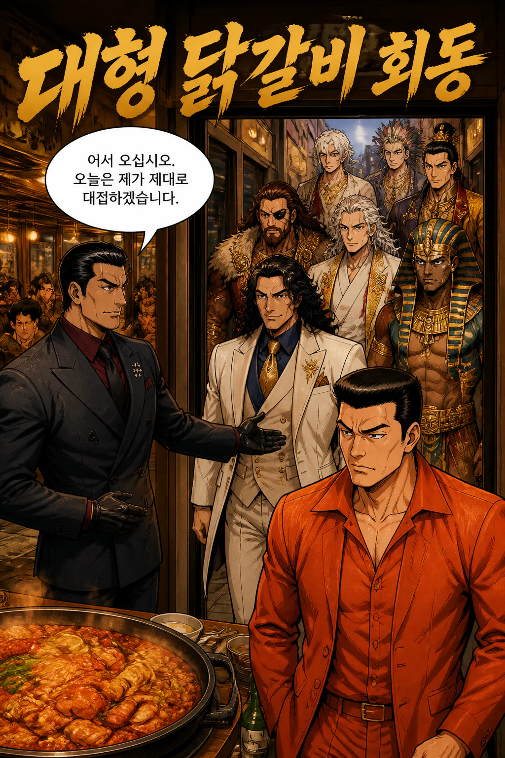북두칠성파 두목이 동맹을 맺은 조직의 두목들에게 대형 닭갈비 전문점에서 닭갈비를 대접하다