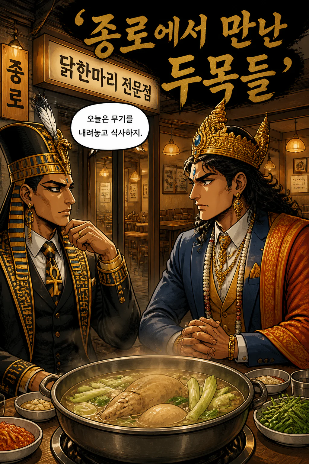 오시리스와 인드라가 서울 종로에 있는 닭한마리 전문점에서 닭한마리를 먹고 음료수를 마시다