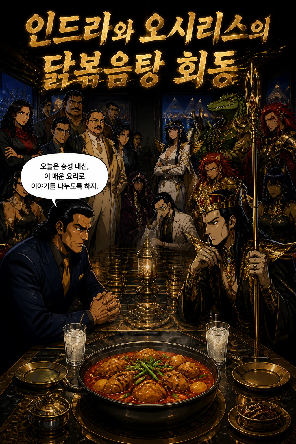 인도의 범죄조직 나바라트나 연합의 두목 인드라와 이집트의 범죄조직 블러드 나일의 두목 오시리스의 닭볶음탕과 사이다 회동