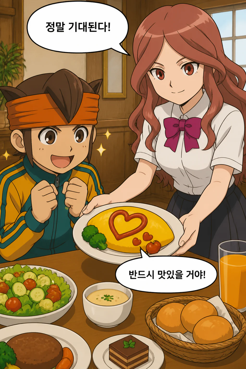 엔도 마모루 라이몬 나츠미의 나아진 요리 실력으로 만든 요리를 먹고 흡족해하다
