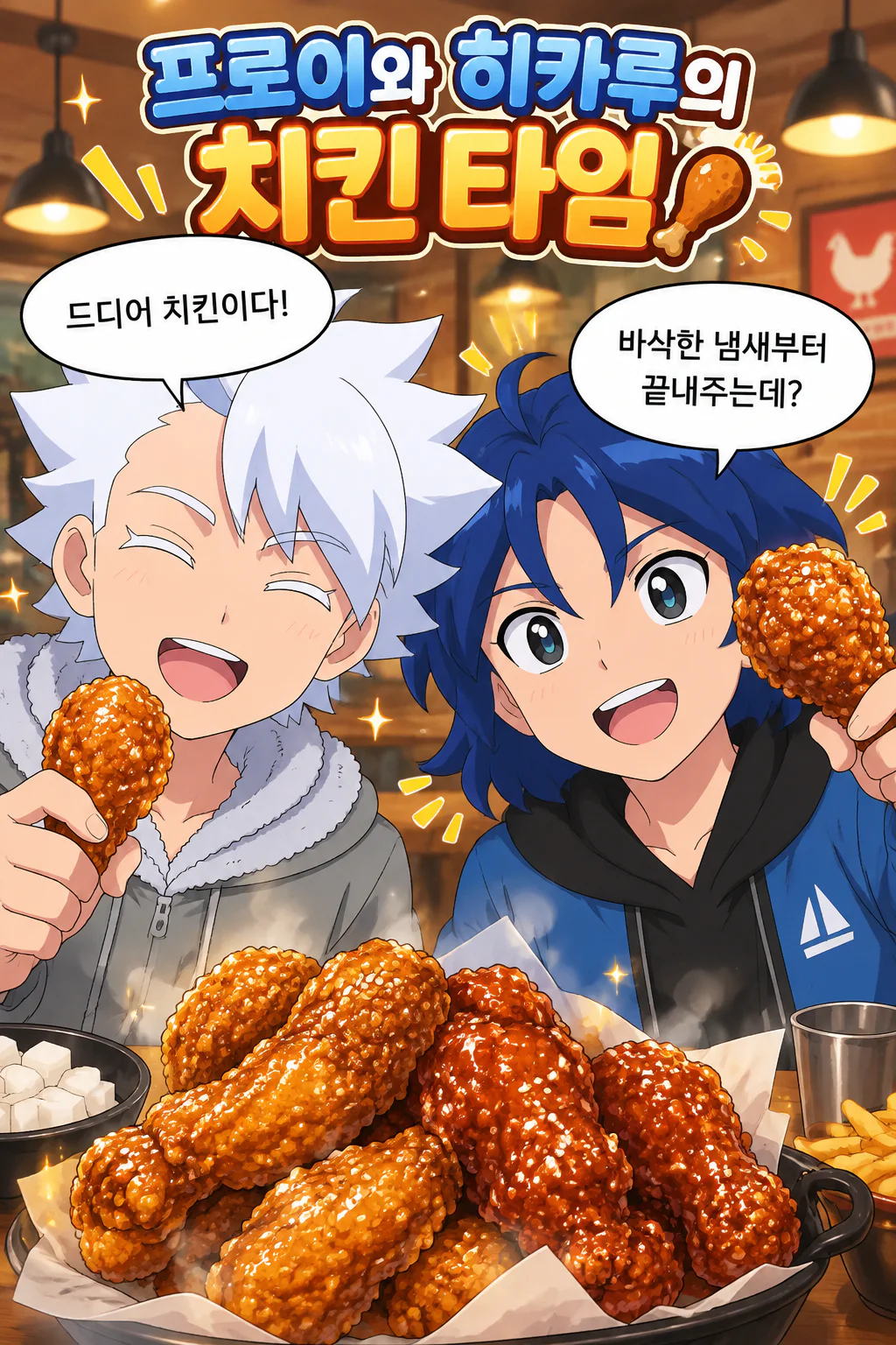 프로이와 히카루 둘이서 한국식 치킨을 먹다가 여성팬들에 둘러싸여 당황하다