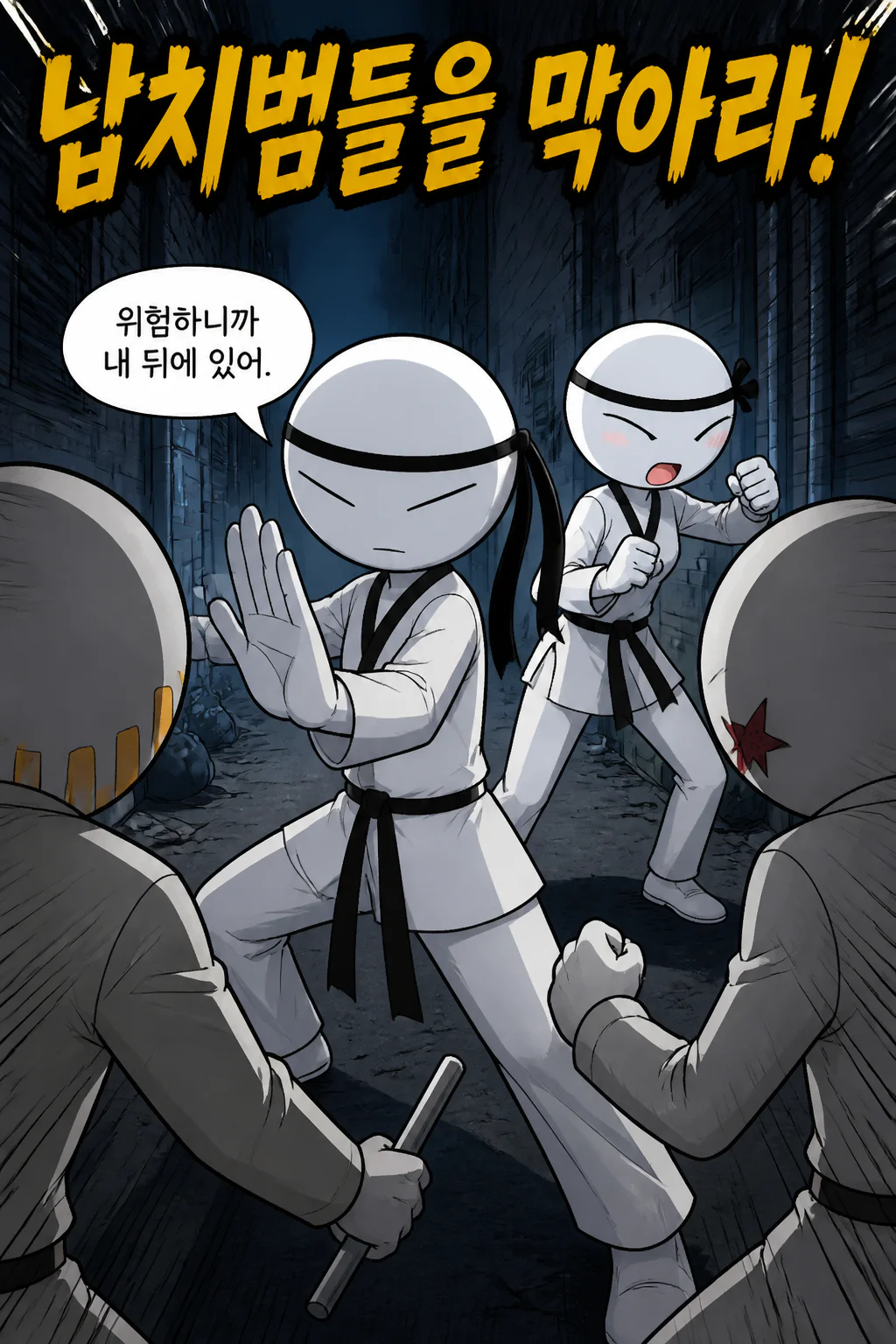 범고래파 조직원들 태권소녀와 복싱맨을 납치 시도하려다가 실패하다