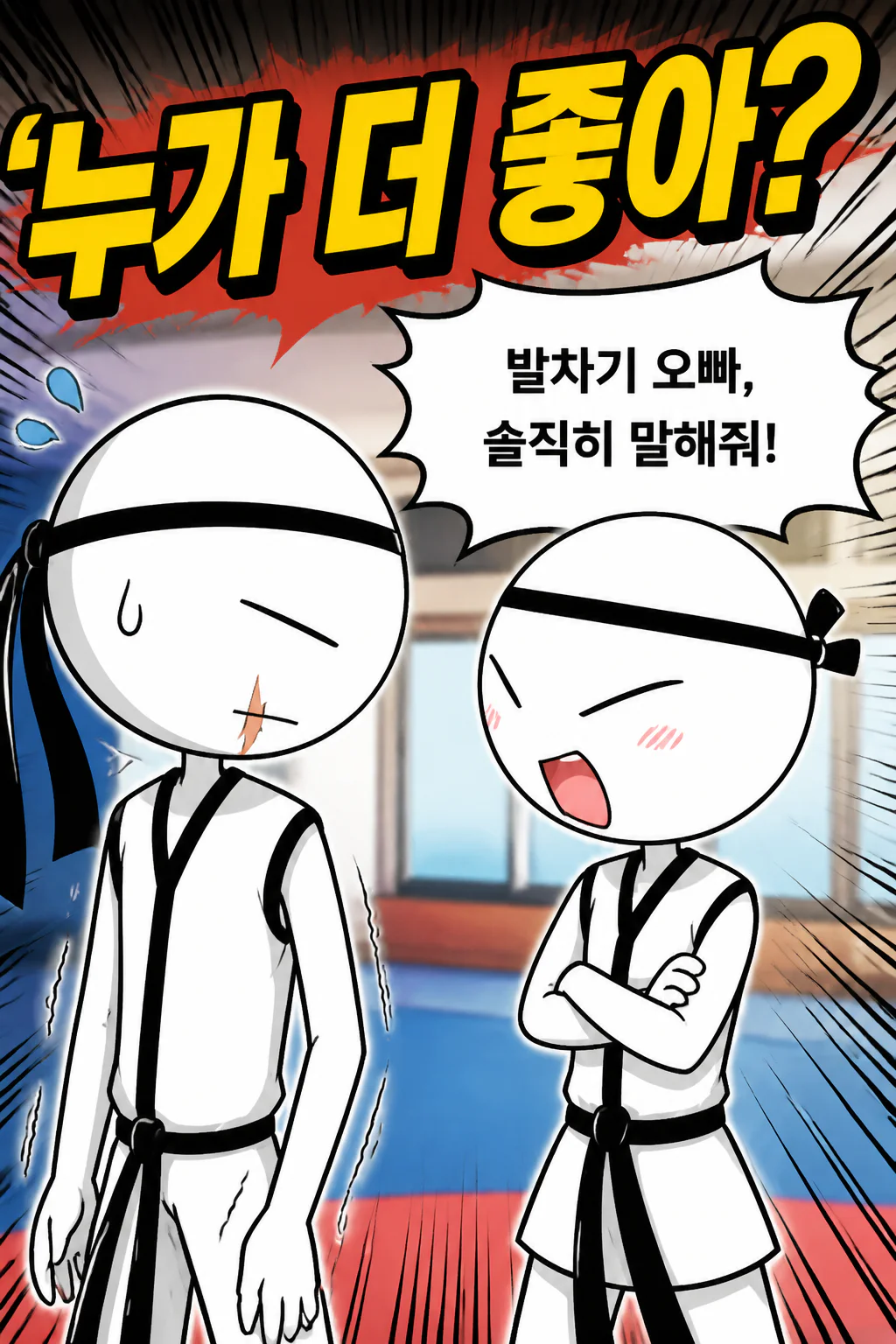 태권소녀가 발차기에게 자신과 무에르테 그리고 벨리댄서 중 어느 쪽이 좋은 지 추궁하다