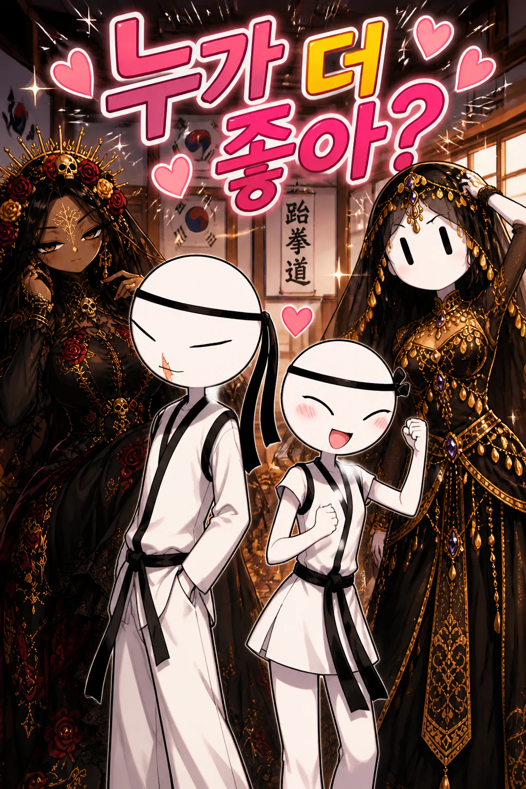 태권도 커플 무에르테와 벨리댄서가 발차기에게 적극적으로 자신들의 매력을 어필하자,태권소녀가 귀여운 자신 대신 치명스럽게 매혹적인 언니들이 좋냐고 질투하다