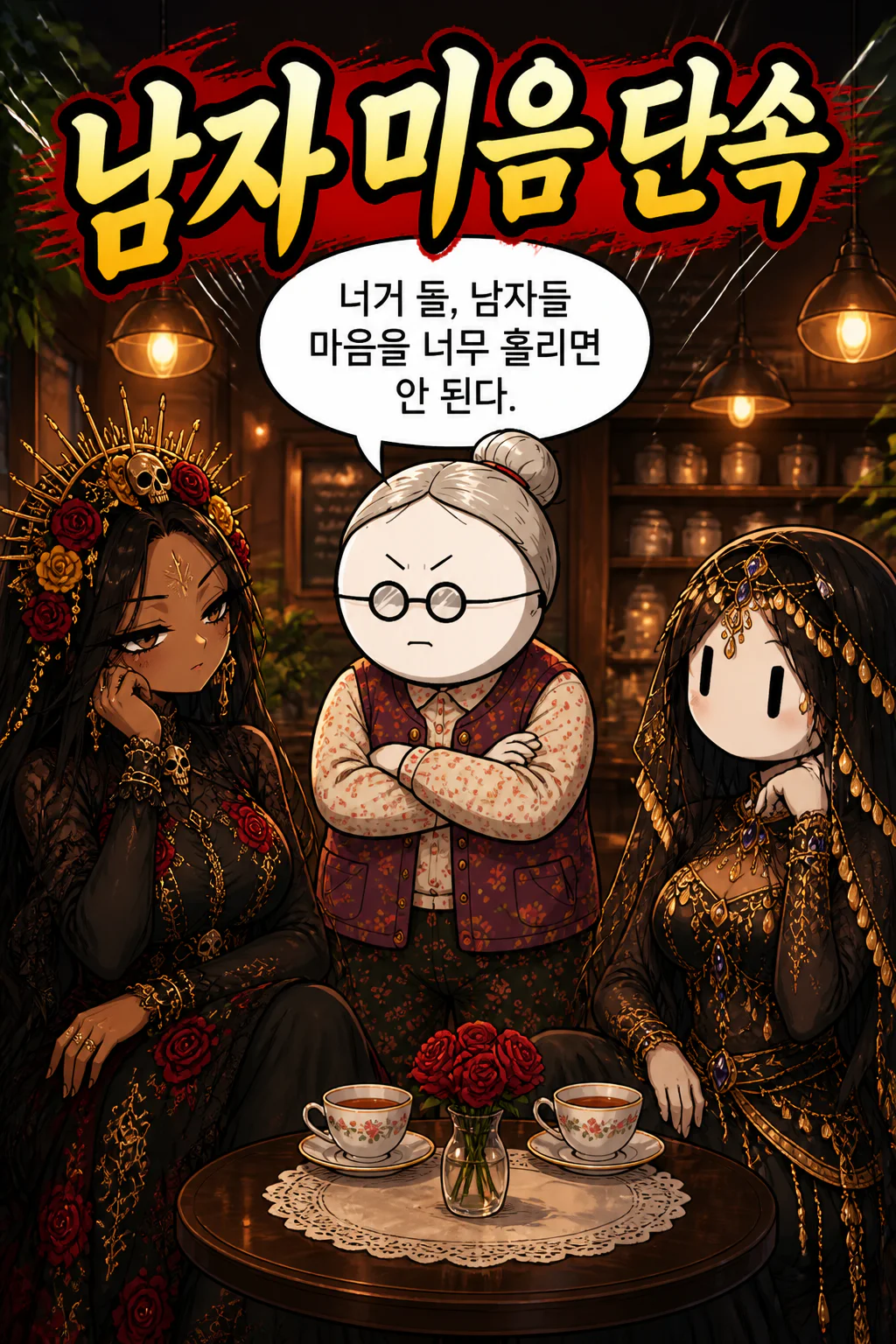 철할매 무에르테와 벨리댄서에게 남자들을 너무 사로잡지 말라고 주의를 주다
