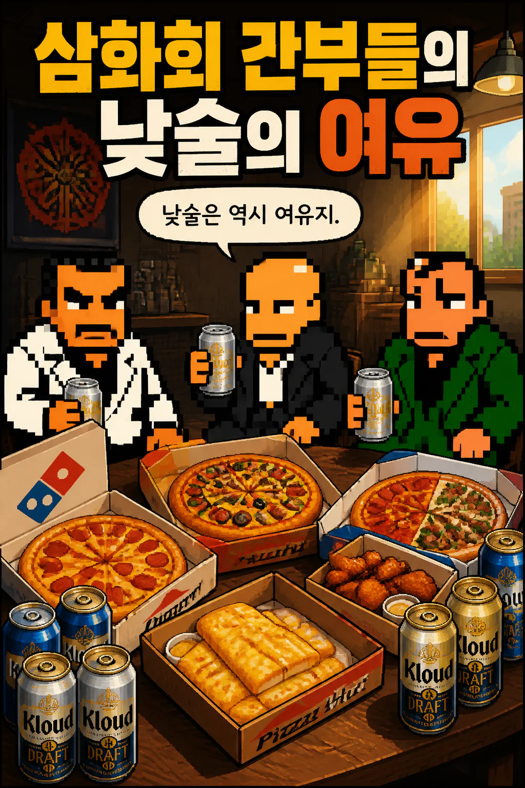 삼화회 간부들의 낮술의 여유 세계적인 피자 프랜차이즈와 대용량 캔맥주