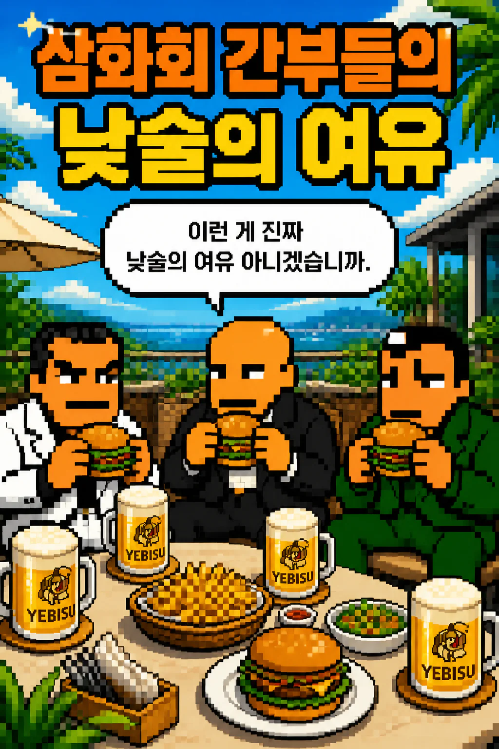 삼화회 간부들의 낮술의 여유 세계적인 햄버거 프랜차이즈의 햄버거들과 감자튀김 그리고 에비스 맥주