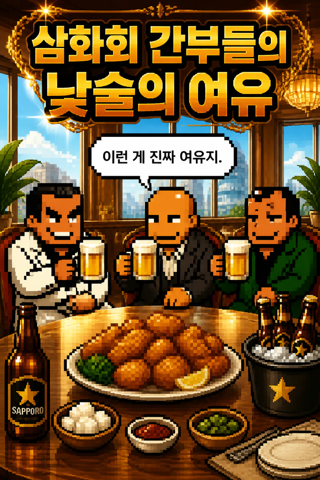 삼화회 간부들의 낮술의 여유 세계적인 치킨 프랜차이즈의 치킨 그리고 삿포로 맥주