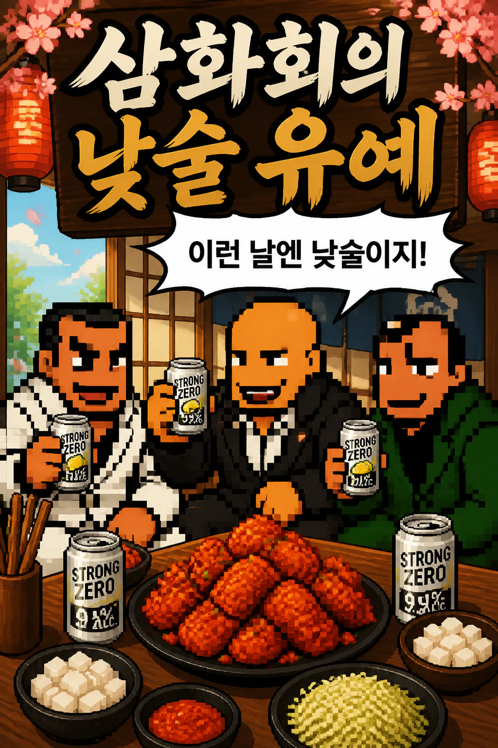 삼화회 간부들의 낮술의 여유 레드핫 치킨과 스트롱제로