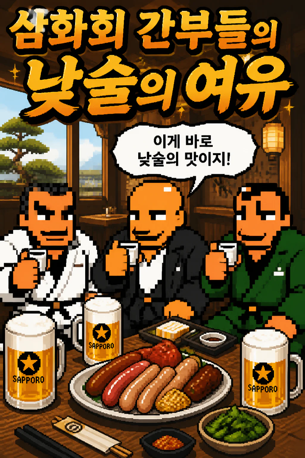 삼화회 간부들의 낮술의 여유 모듬 소세지와 삿포로 맥주