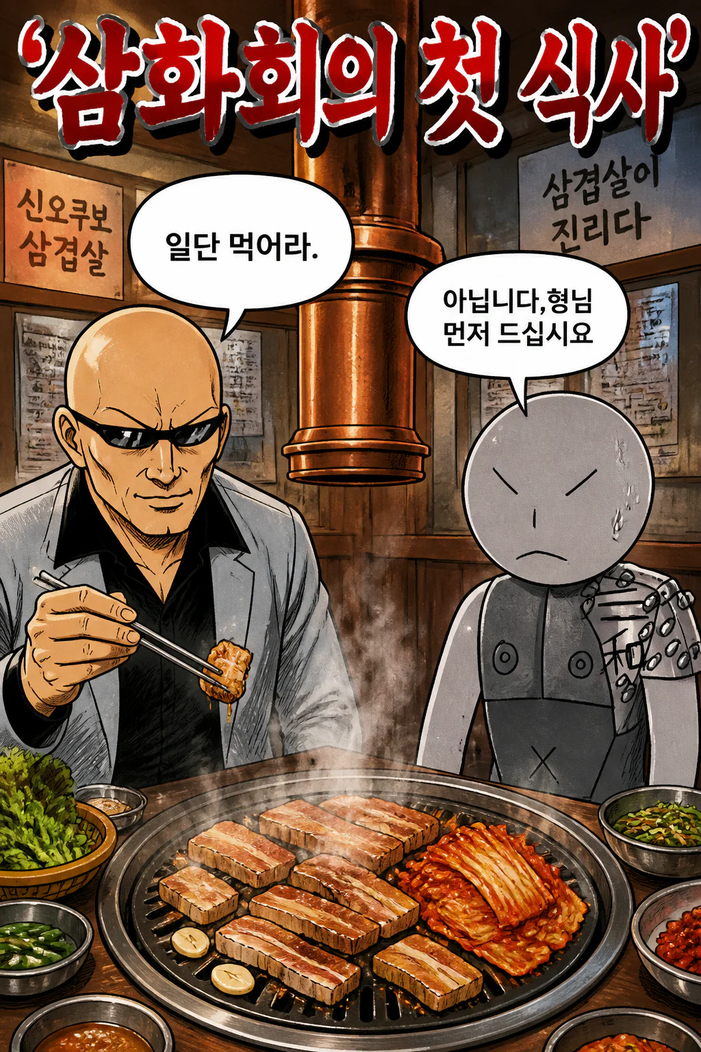 삼화회 단원과 함께 식사 삼겹살에 구운 배추김치