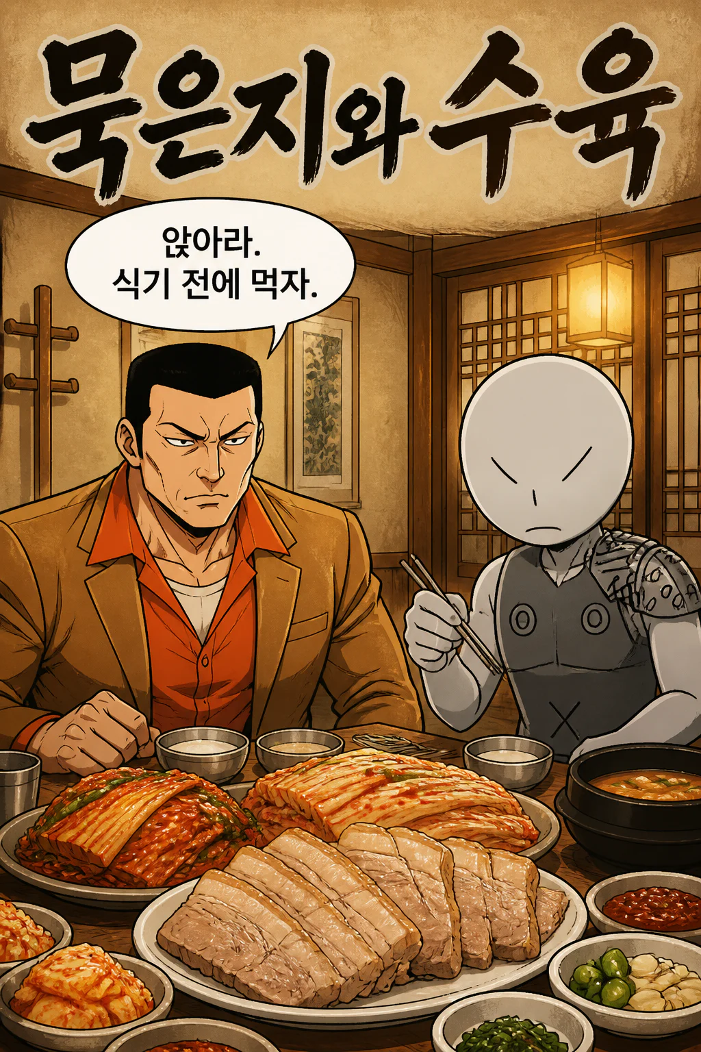 삼화회 부하와 사부의 묵은지 김치와 돼지고기 수육 식사
