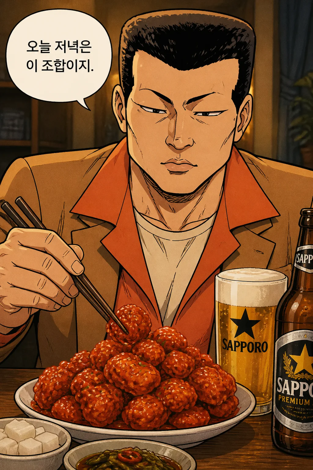 사부의 혼술 만찬 매콤한 핫 후라이드와 삿포로 맥주