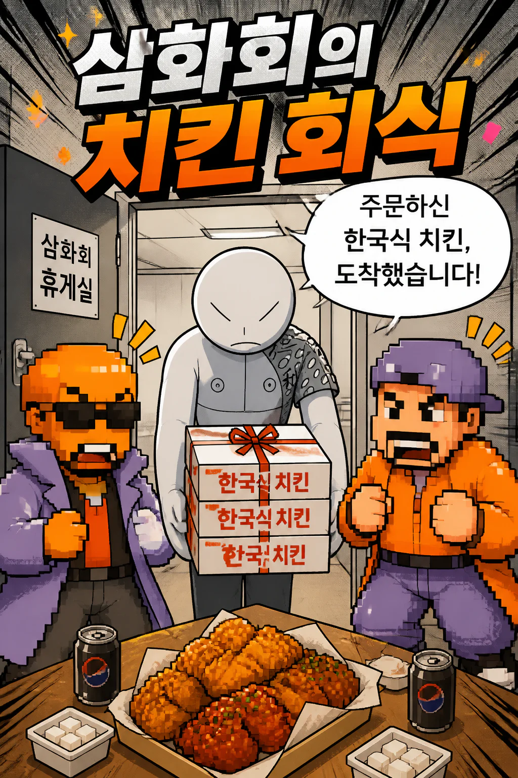 삼화회 부하,모리오와 유키오에게 배달시킨 한국식 치킨들을 대접하다