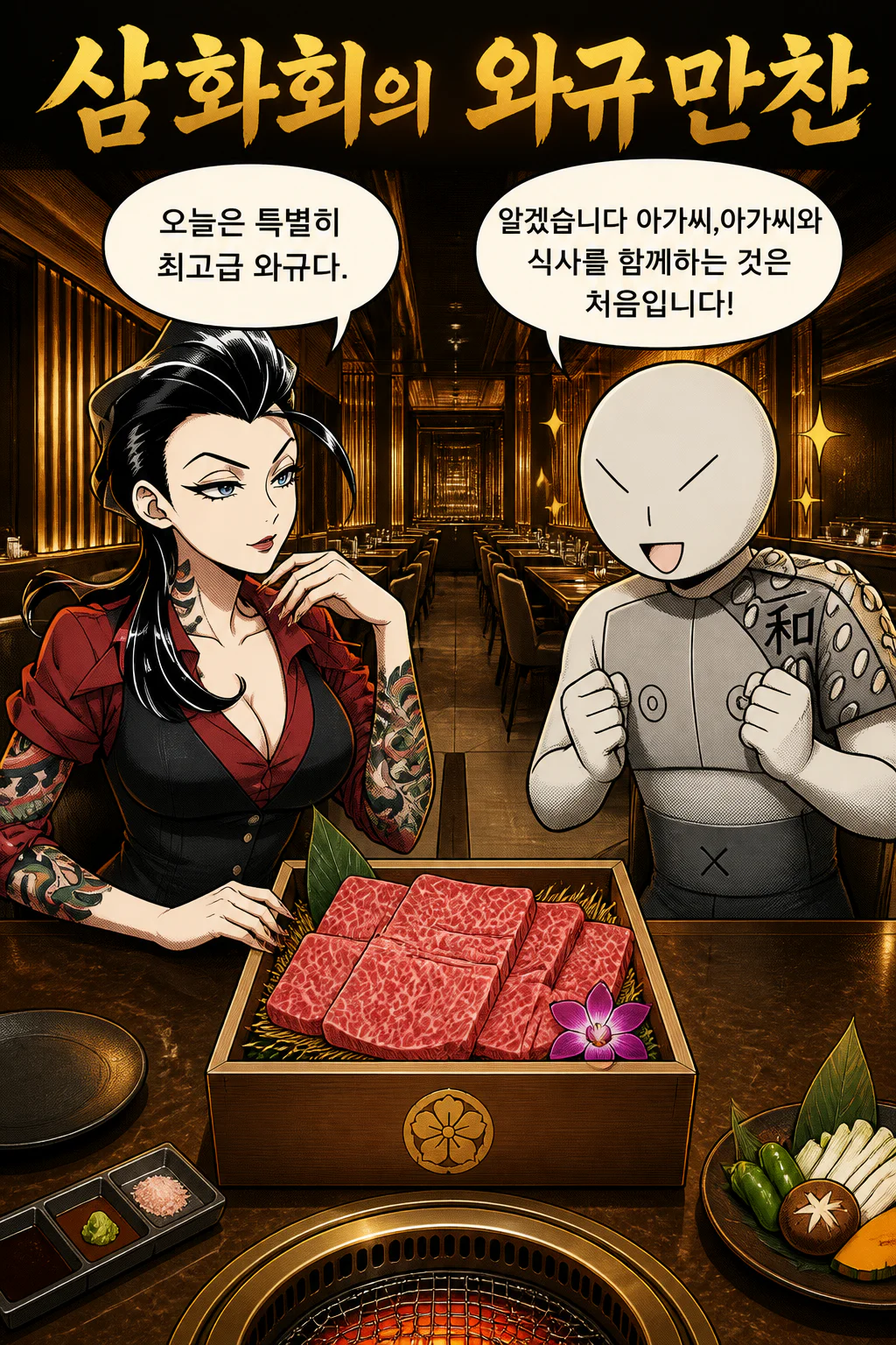 아가씨와 함께 고급 와규 구이