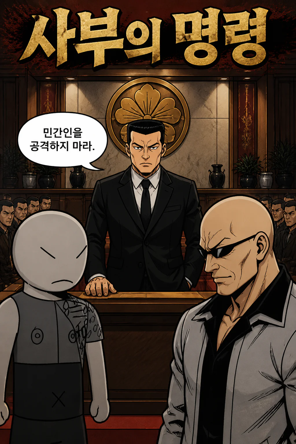 사부,삼화회 부하와 삼화회 단원에게 민간인을 공격하지 말 것을 주문하며 과거 야쿠자 조직이 민간 시위대를 무력 진압한 영상을 보여주다
