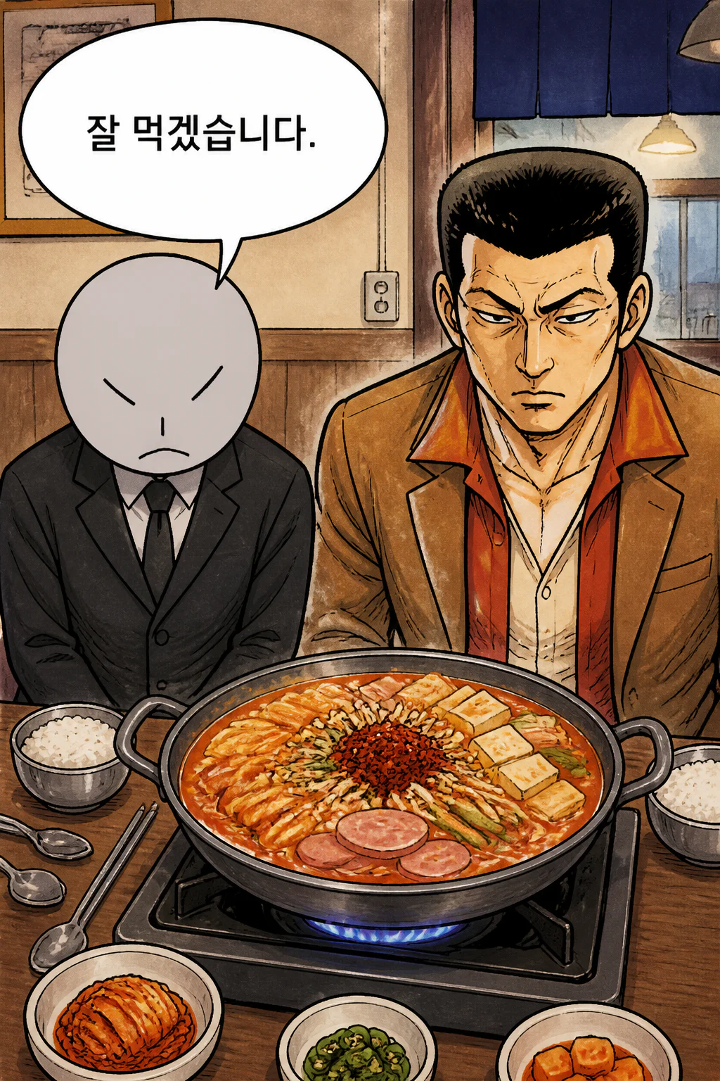 사부와 함께 부대찌개 식사