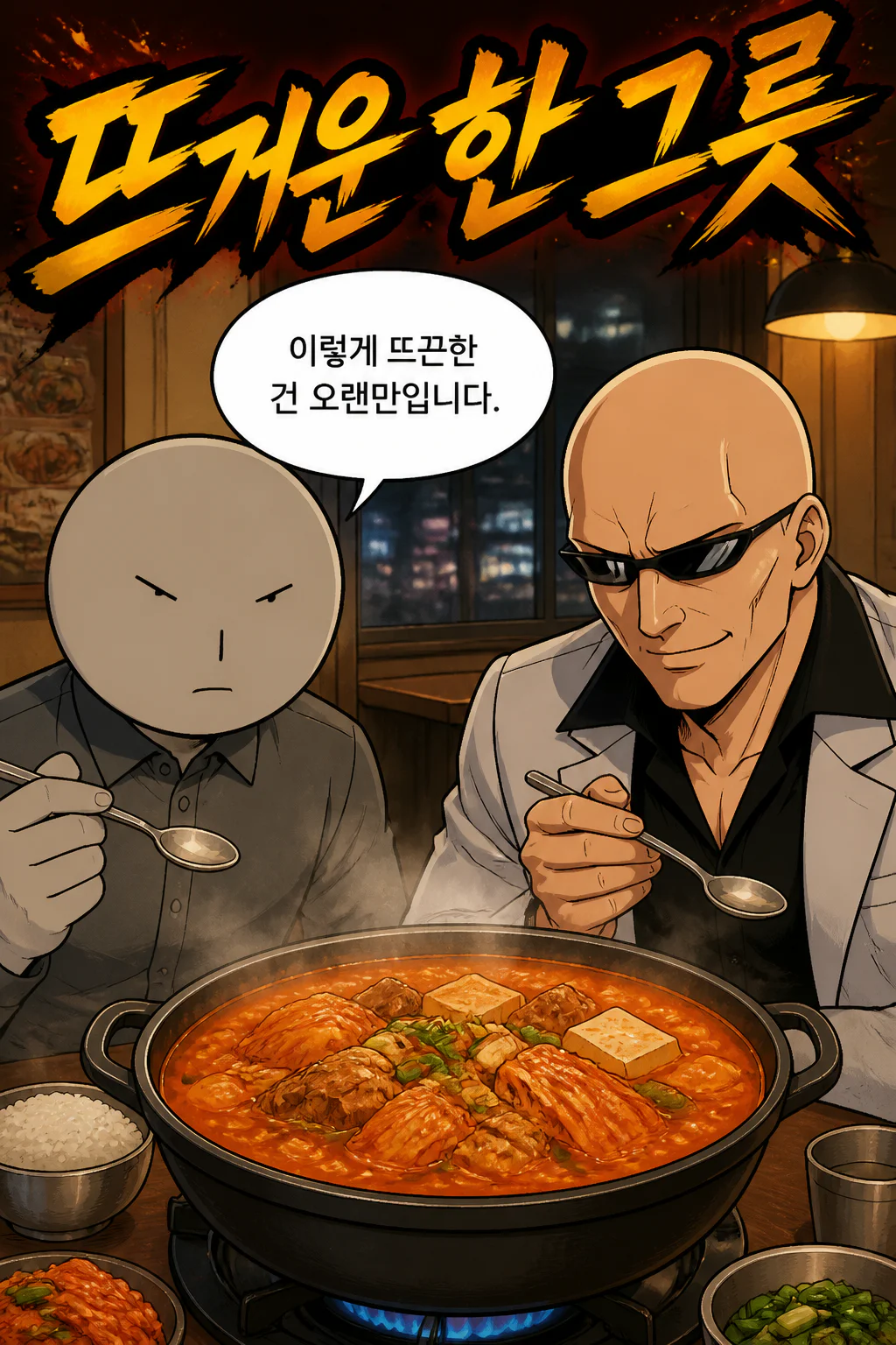 삼화회 단원과 함께 돼지고기 김치찌개 대짜를 먹다 그리고 삼화회 단원에게 가족 생각 때문에 힘들지만 오히려 그게 힘이되어 버티고 있다고 털어놓다