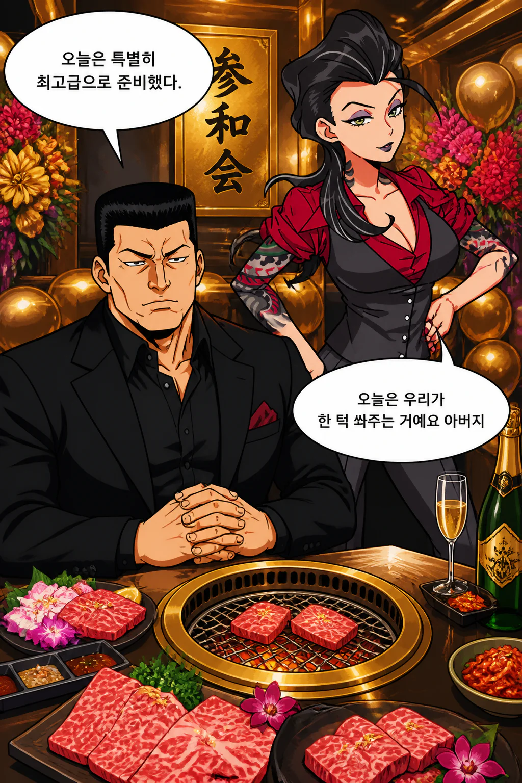 사부,사부코,삼화회 단원 행동대장으로 승격한 삼화회 부하를 위해 최고급 와규 구이를 사주다