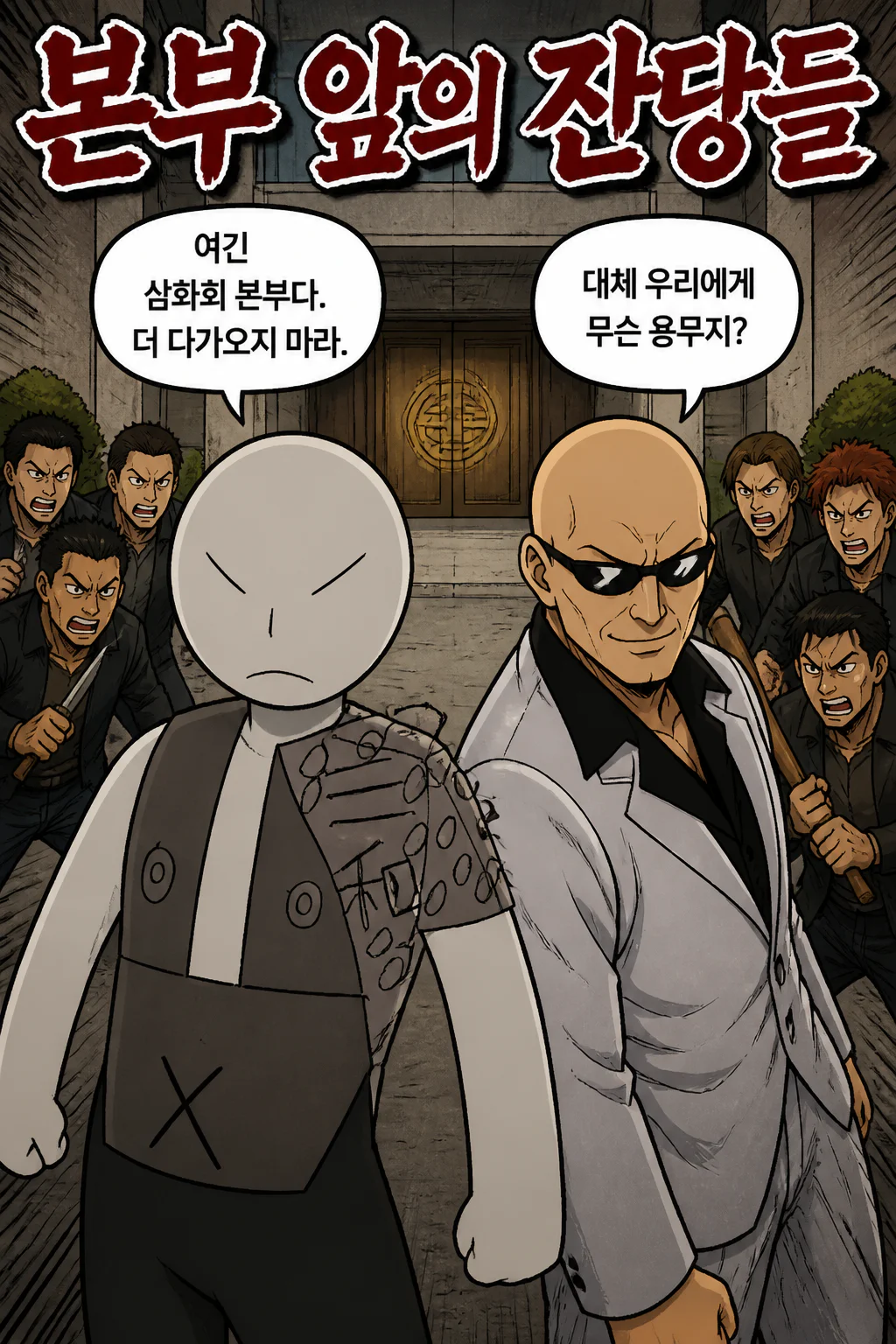 삼화회 본부 앞에 쳐들어온 은닉 자금 발각으로 인해 해산당한 적대조직의 잔당들을 상대하다
