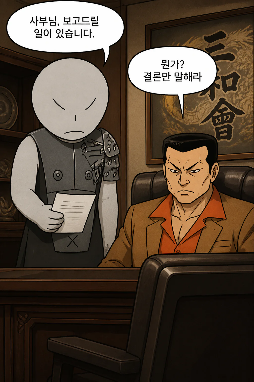 삼화회 부하 자신이 극악파 조직의 습격을 받았다고 사부에게 보고하다