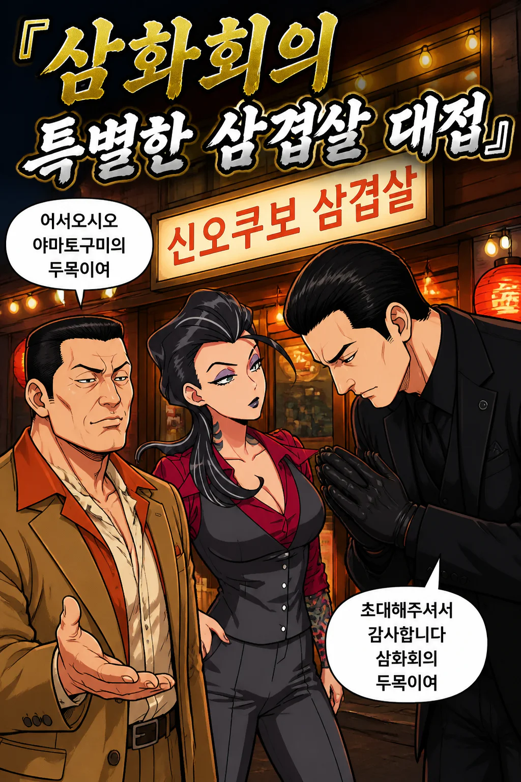 삼화회 식구들 야마토구미의 식구들에게 신오쿠보의 삼겹살 구이를 대접하다