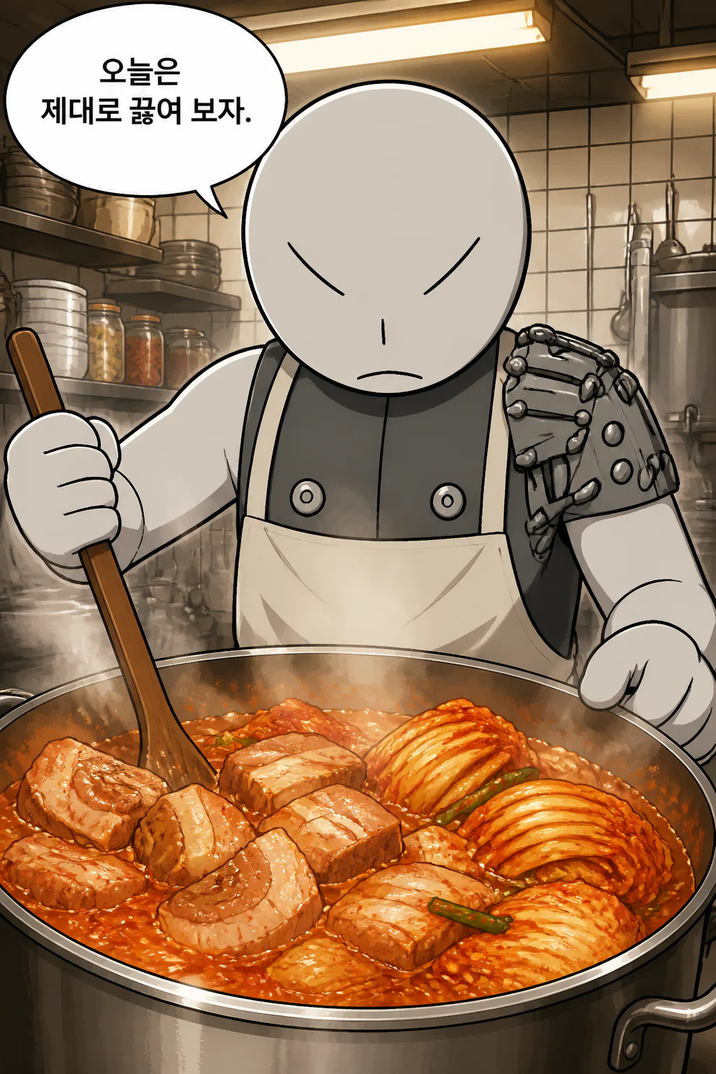 삼화회 부하 삼화회 식구들에게 라면 사리를 넣은 김치찌개를 대접하다