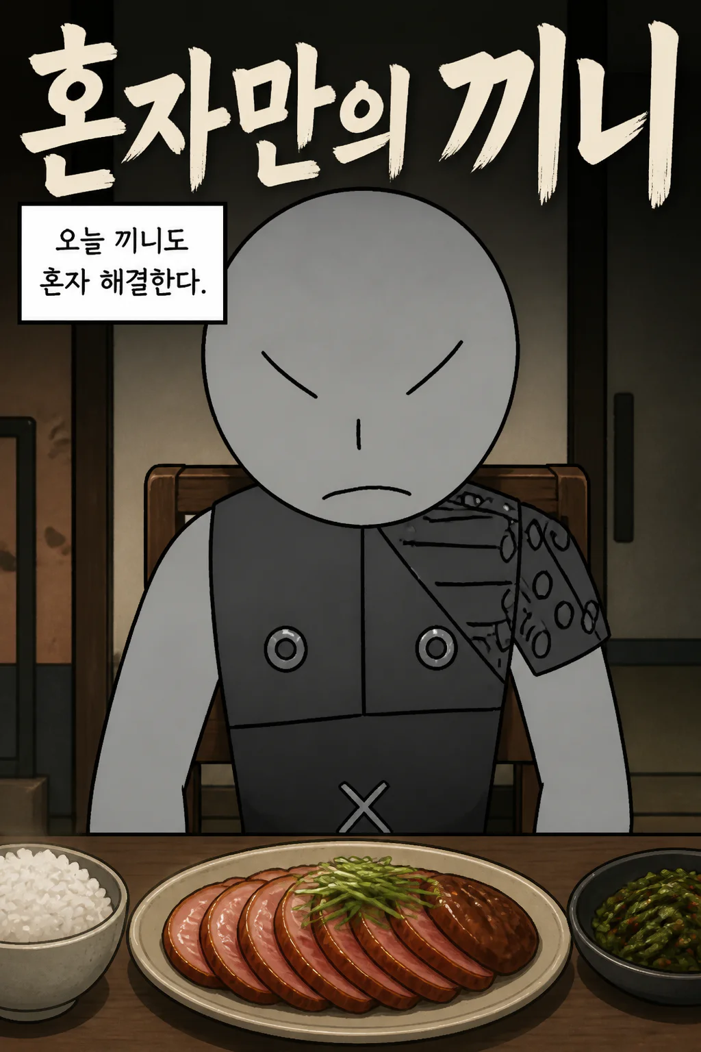 삼화회 부하의 혼자만의 끼니 처리 훈제 오리 구이와 배추 김치 그리고 백미와 현미를 섞은 밥