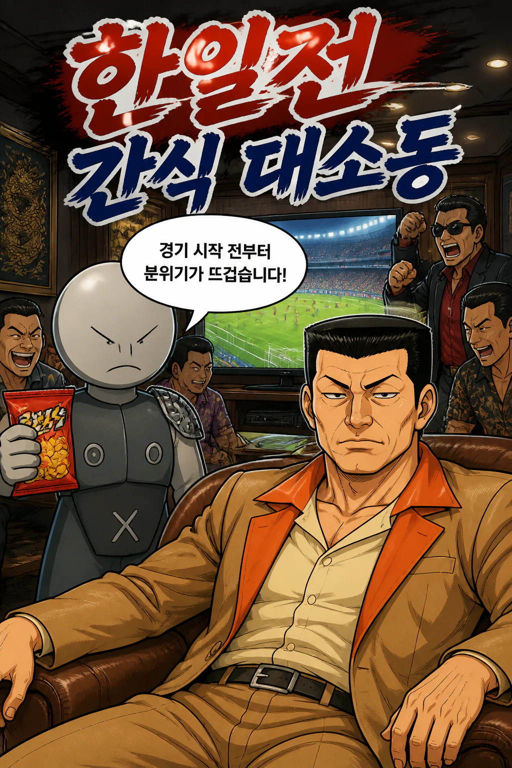 삼화회 부하가 삼화회 식구들과 함께 한일전 축구를 관전하면서 한국식 과자와 일본식 과자를 먹다