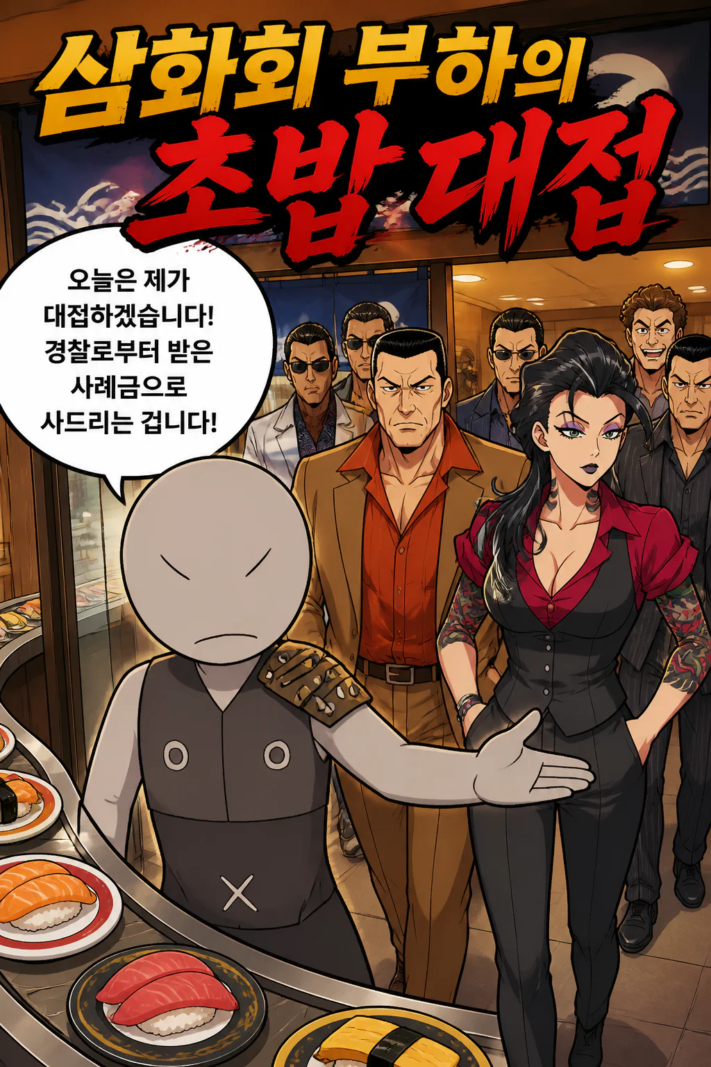 삼화회 부하가 삼화회 식구들에게 대형 회전 초밥집에서 초밥을 사주다