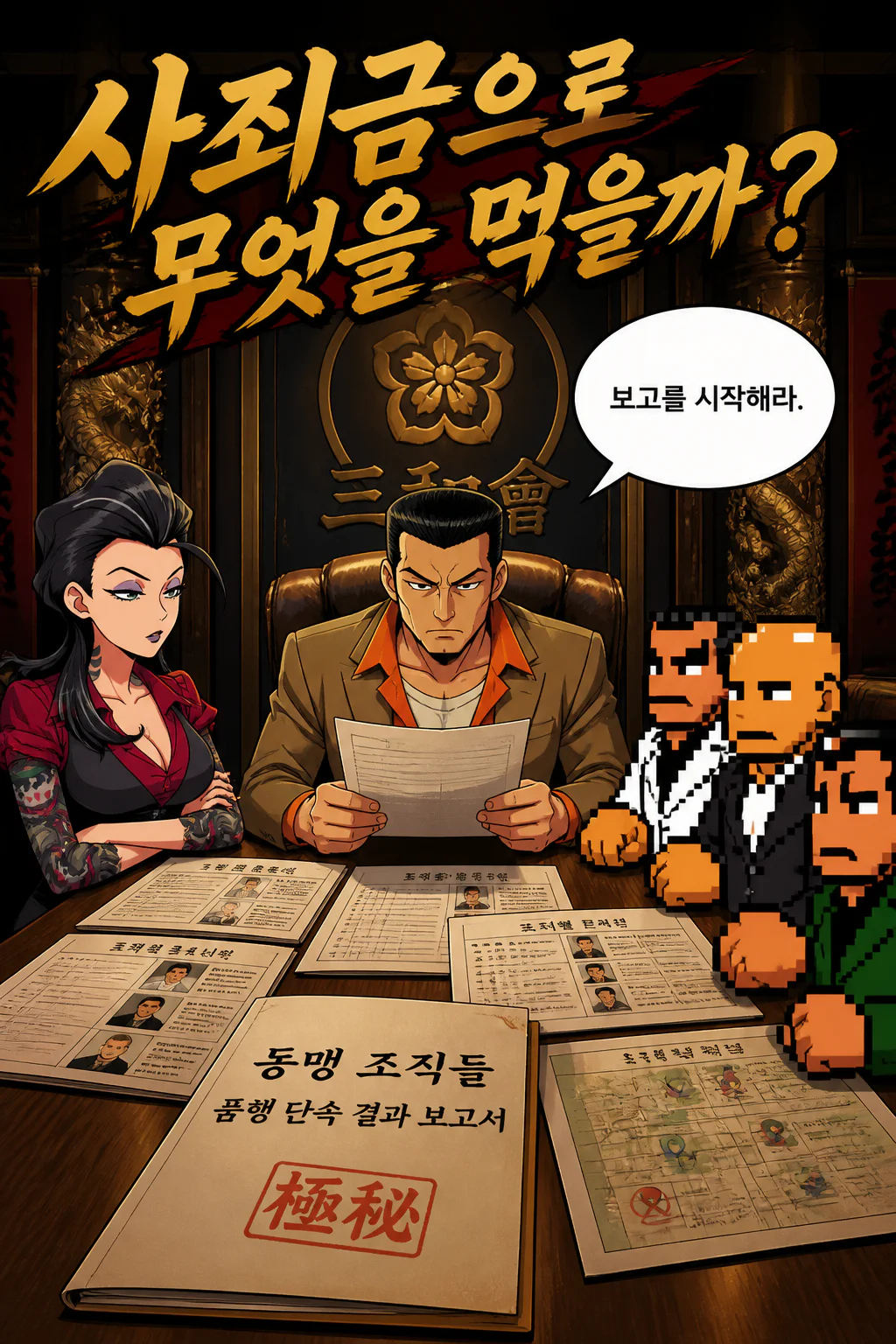 삼화회 식구들 동맹 조직들의 조직원 품행 단속을 보고 받은 후 간부들과 삼화회 부하가 받은 거액의 사죄금으로 뭘 먹을지 회의하다