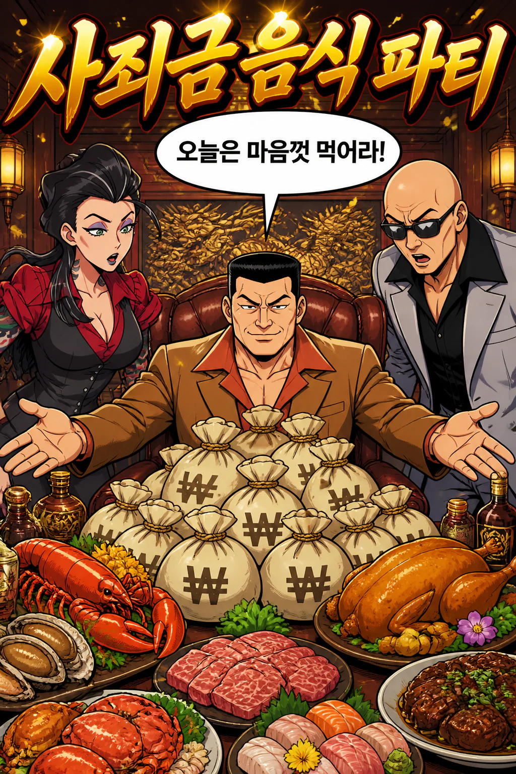 사부가 사부코와 삼화회 조직원들에게 동맹 조직들로부터 받은 거액의 사죄금으로 음식 파티를 즐긴 후 남은 거액의 돈으로 용돈을 주다