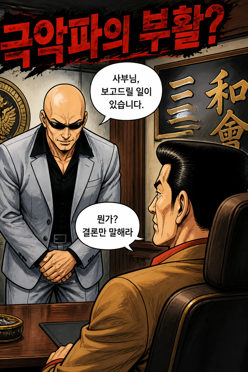 삼화회 단원이 사부에게 삼화회 부하가 오락실에서 한구레 조직으로 다시 결성한 극악파 조직원들과 시비가 붙을 뻔하다가 극악파 두목의 중재로 소동을 면했다고 보고하다