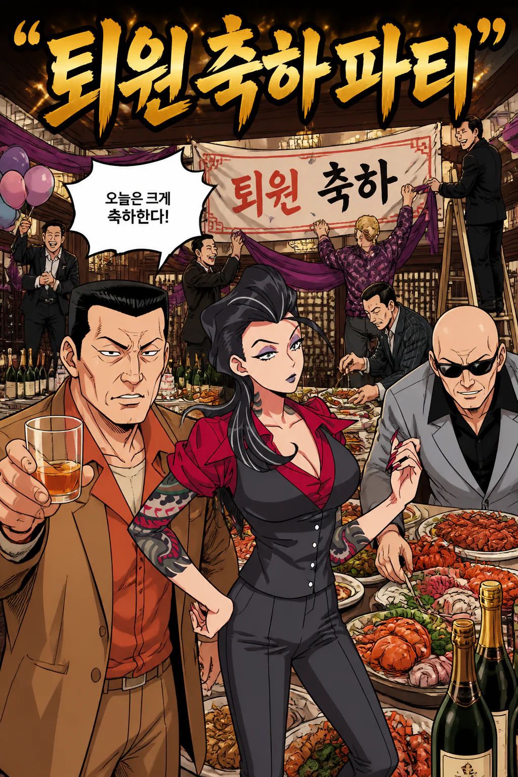 삼화회 부하의 병원 퇴원 기념 파티를 여는 삼화회 식구들