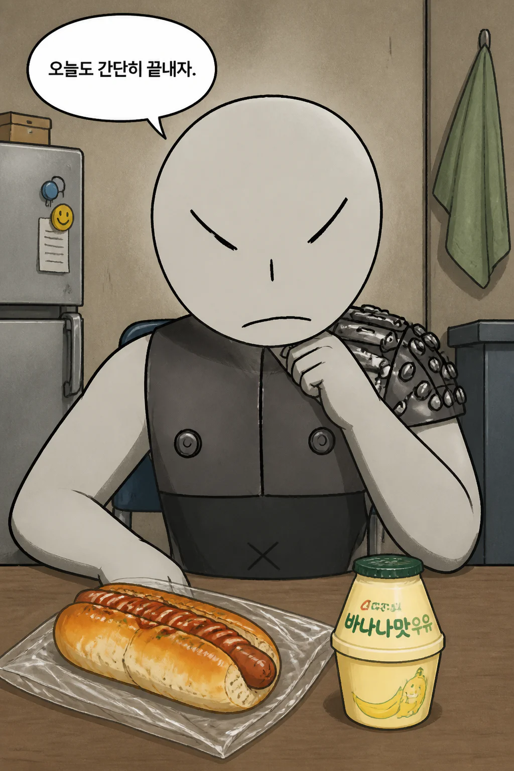 삼화회 부하의 혼자만의 끼니 처리 한국식 소세지빵들과 바나나맛 우유