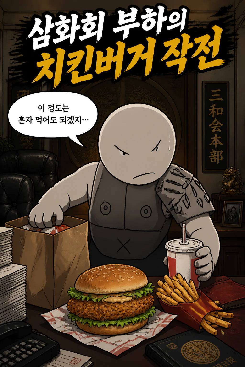 에게 들키다삼화회 부하가 동료와 함께 임무를 완수한 이후 삼화회 본부의 행동대장 집무실에서 혼자서 KFC 거대한 치킨버거 세트를 먹으려고 하다가 삼화회 식구들에게 들키다