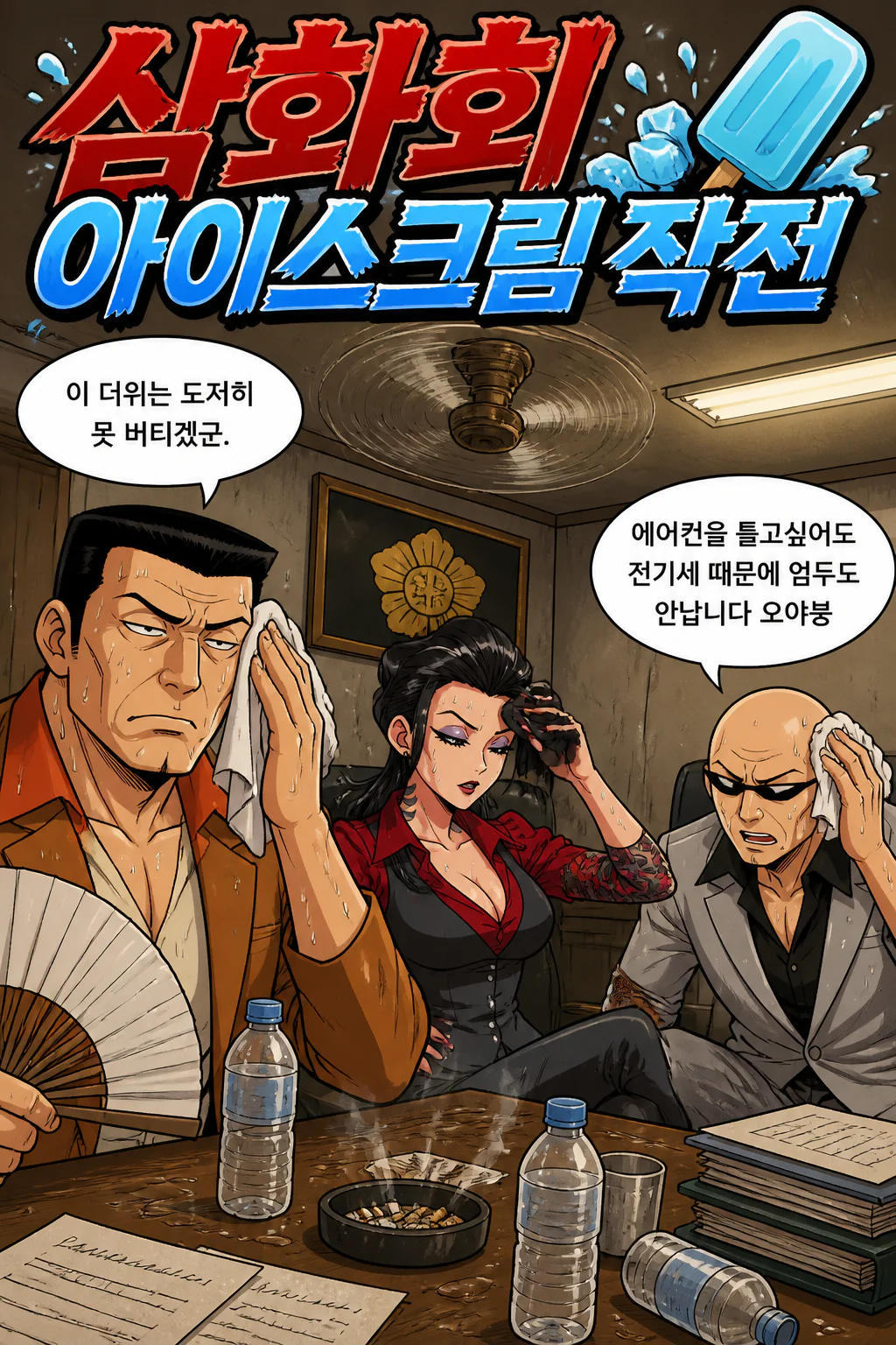 삼화회 부하가 삼화회 본부에서 더위에 힘들어하는 삼화회 식구들에게 다양한 한국의 콘 아이스크림을 사주다