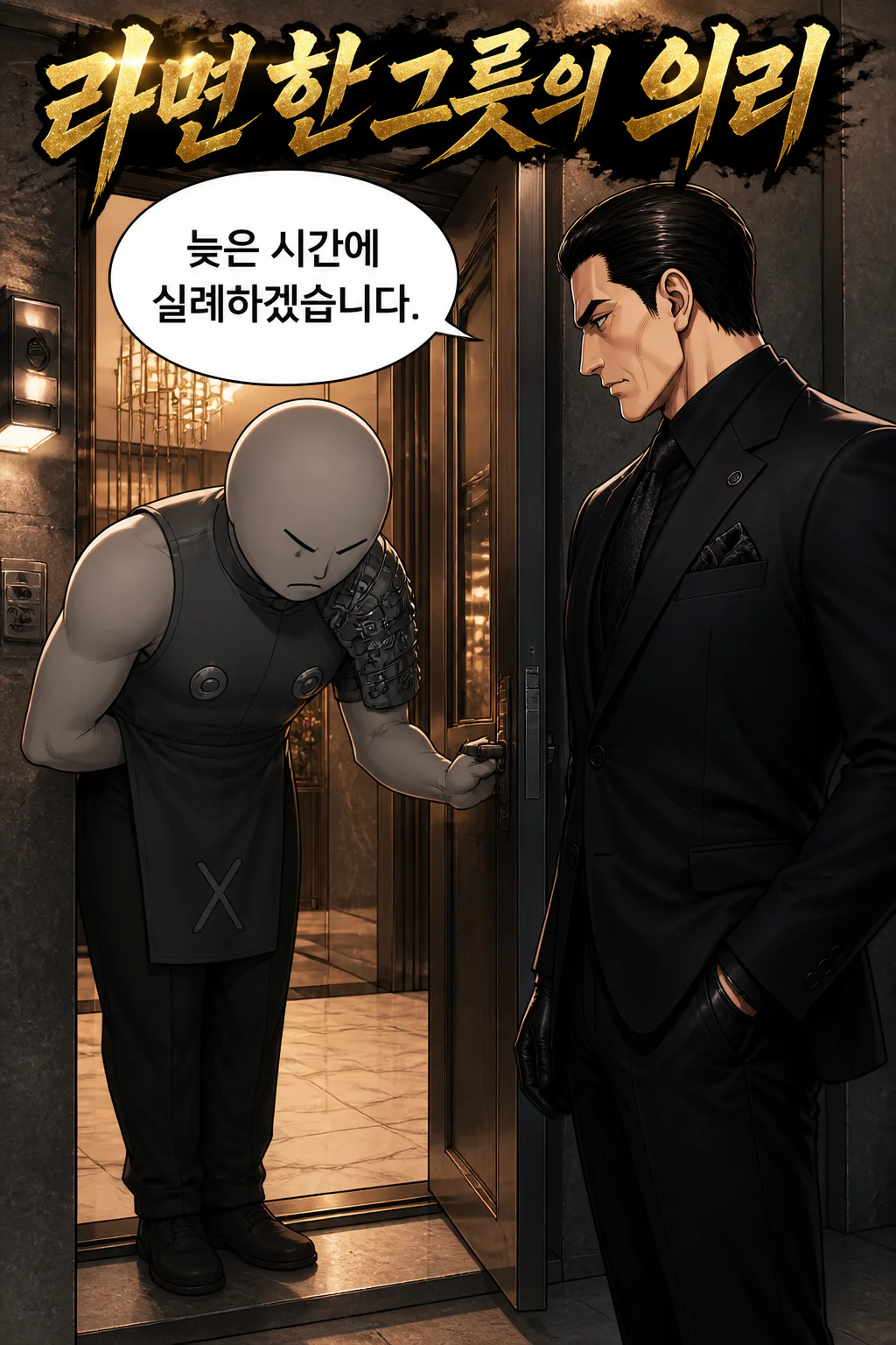 삼화회 부하가 자신이 사는 고급 아파트 호실에 찾아온 야마토구미의 두목을 맞이한 후 한국식 라면을 대접하다
