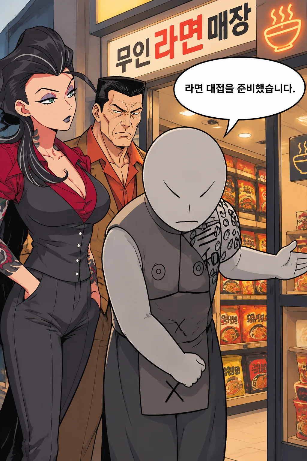 삼화회 부하 삼화회 식구들에게 대한민국의 무인 라면 매장의 라면을 대접하다