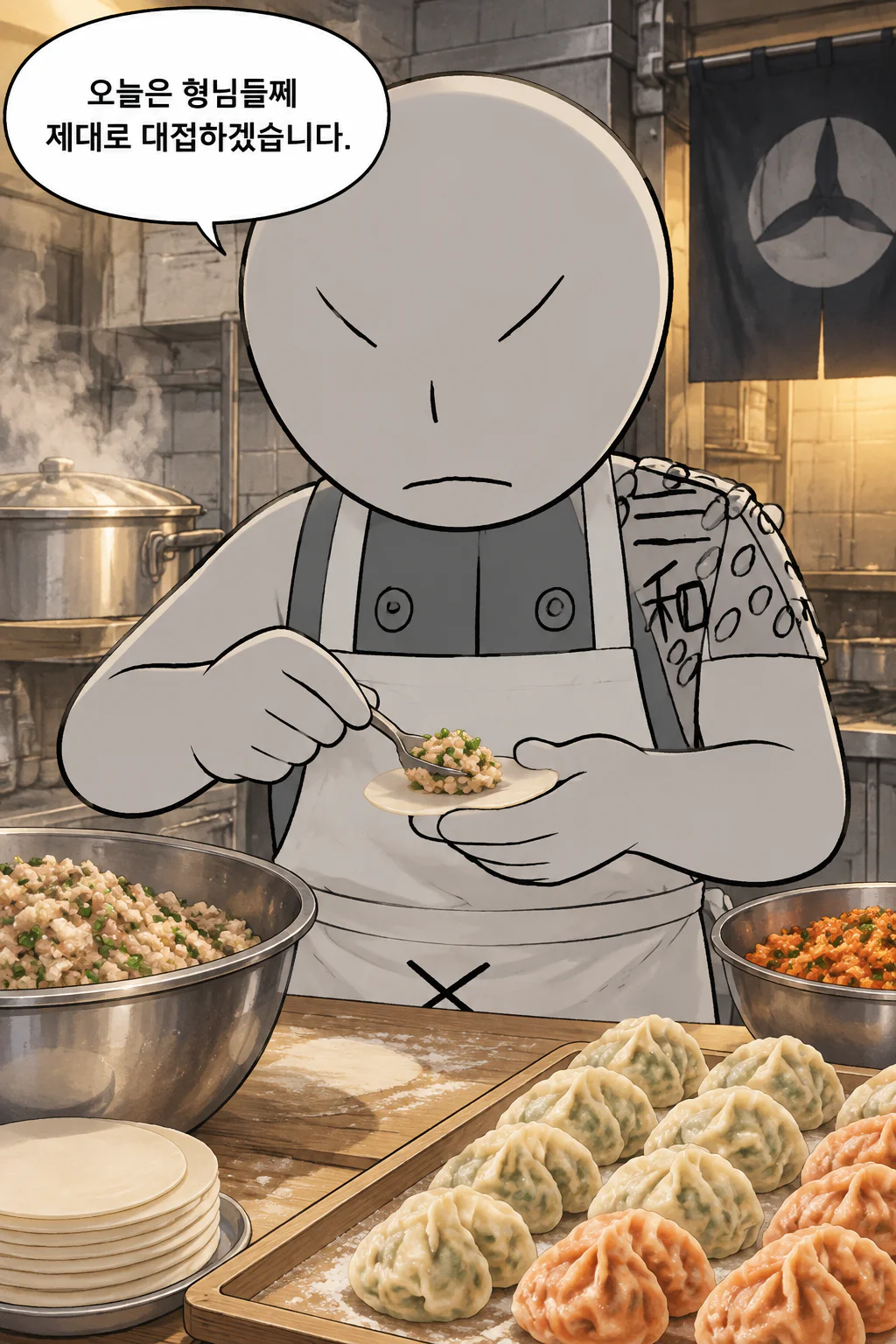 삼화회 부하 삼화회 식구들에게 조리된 얇은피에 꽉찬 속의 한국식 냉동만두를 대접하다