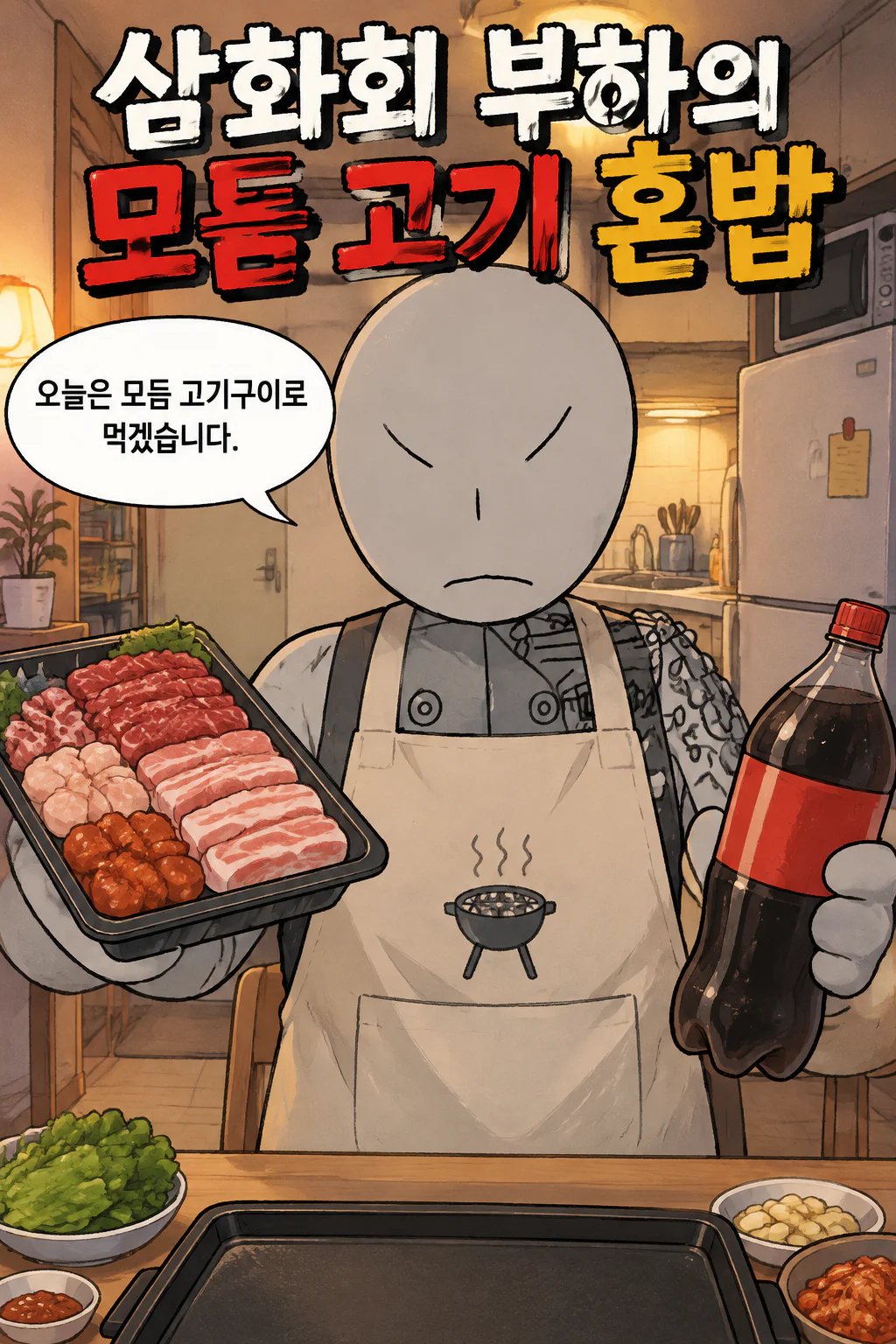 나 홀로 모듬 고기 구이와 탄산음료