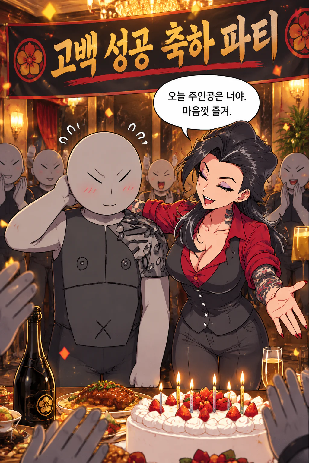 삼화회 부하의 고백 성공 기념으로 파티를 하는 사부와 삼화회 식구들